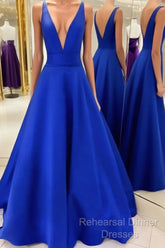 V Neck Royal Blue Satin Semi Formal Prom Dresses, Royal Blue Satin Formal Evening Bridesmaid Dresses